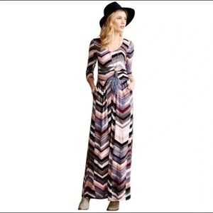 Maeve Anthropologie Novela Maxi Dress Chevron 3/4 Sleeve Pink Bohemian Size M